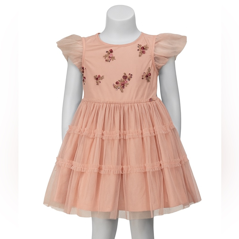 Rare Editions Pink Tulle Dress with Floral Embroidery. Kids Medium